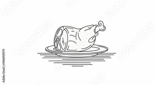 Cooked meat leg on a plate, black and white illustration