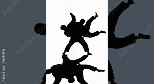 Dynamic black silhouettes of individuals engaged in a martial arts grappling match