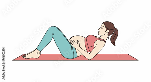 Pregnant woman in sportswear reclines on a pink mat, holding her belly