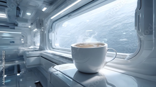 Futuristic cup of coffee steaming by large window overlooking ocean, april 12, cosmonautics day,   