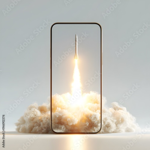 Rocket launching from smartphone screen with clouds and smoke  