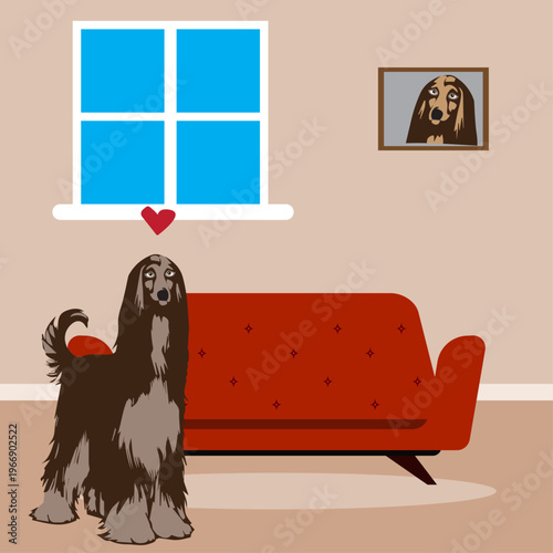 A loving dog sits at home, a greyhound, a dog in a room with a red sofa