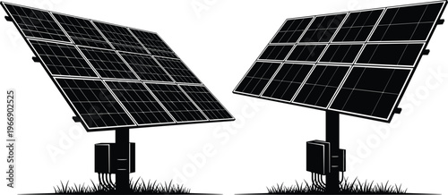 Ground Mounted Solar Panel Arrays Silhouette Vector Illustration with Inverter Boxes and Grass Details for Renewable Green Energy Technology Design