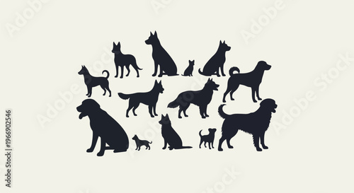 Collection of diverse dog breed silhouettes on a light background
