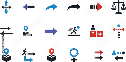 Arrows and navigation icons illustrate logistics and movement concepts in a clean digital format.