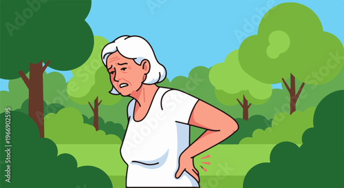 Elderly woman in park experiences back pain