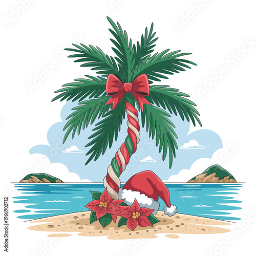 Palm tree decorated with red ribbon and santa hat on a tropical beach island scene.