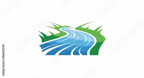 Stylized blue river flowing through vibrant green rolling hills and grass