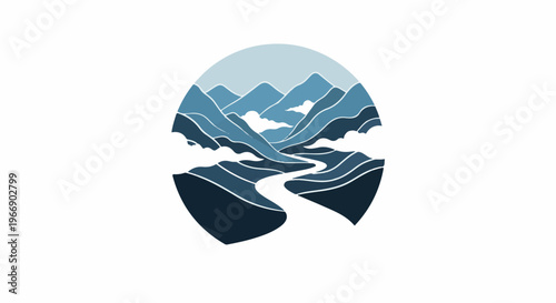 Stylized blue mountain range with a winding river inside a circle
