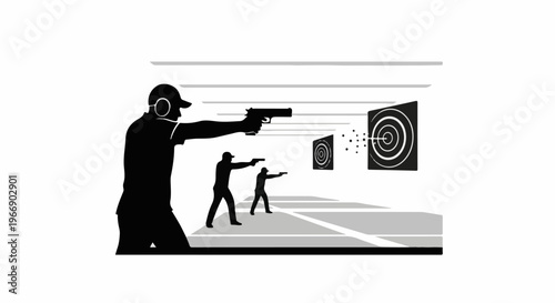 Silhouettes of people practicing target shooting with handguns at a range