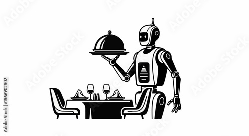 Robot waiter serves food to a table with two settings and wine glasses
