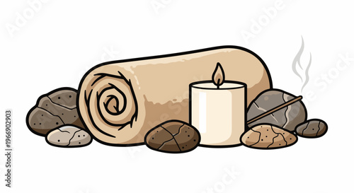 Rolled towel, lit candle, and smooth stones for a relaxing spa setting