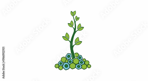 Simple illustration of a green plant with leaves growing from a base of blue and green circles