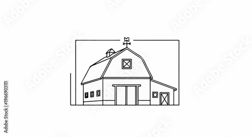 Simple line drawing of a barn with gambrel roof and weathervane