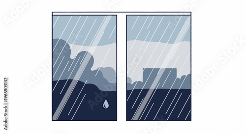 Rainy day viewed through a window with city buildings