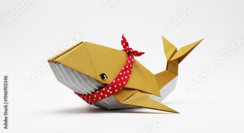 Whimsical yellow origami whale adorned with a red polka dot bandana tied around its neck presented against a clean white background with soft studio lighting evoking playfulness