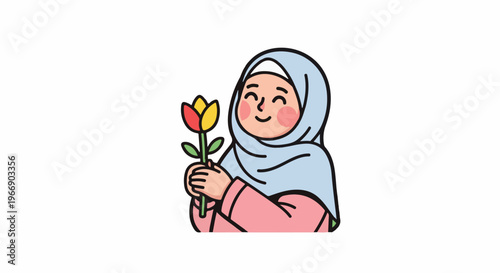 Smiling person in light blue hijab holding a red and yellow flower