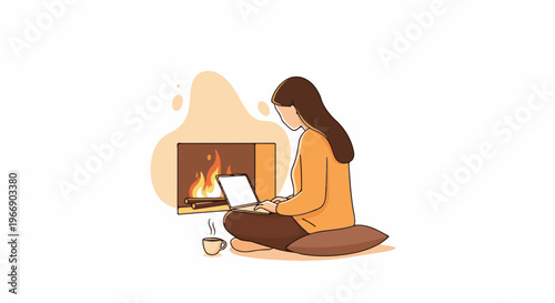 Cozy scene of a person working on a laptop by a warm fireplace with a drink