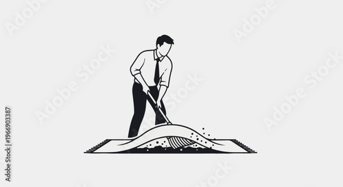 Person in suit sweeping rug, creating a ripple effect