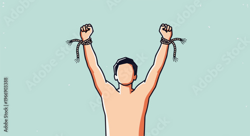 Person with arms raised and bound by rope