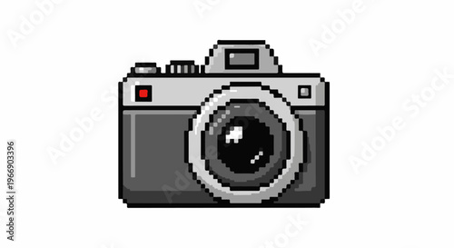 Pixel art of a vintage-style camera with a prominent lens