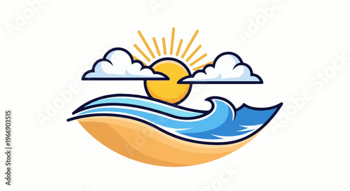 Stylized beach scene with sun, clouds, ocean waves and sandy shore