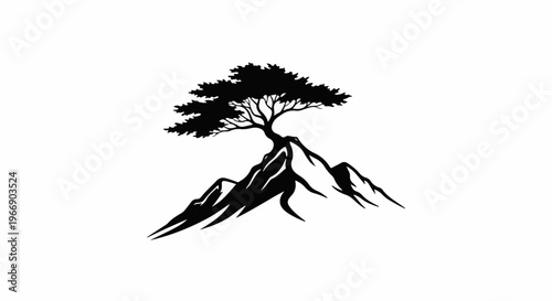 Stylized black tree atop jagged mountain peaks
