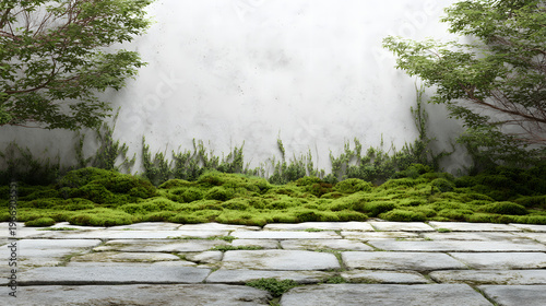 Moss-covered concrete wall and cobblestone background material