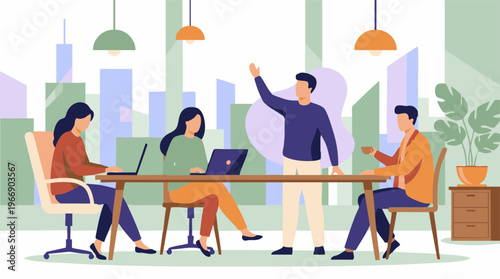 Team collaboration and discussion in modern co-working office space