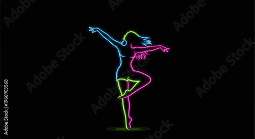 Neon dancer in dynamic pose, glowing with vibrant colors