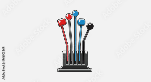 Multiple levers extend from a console against a neutral background