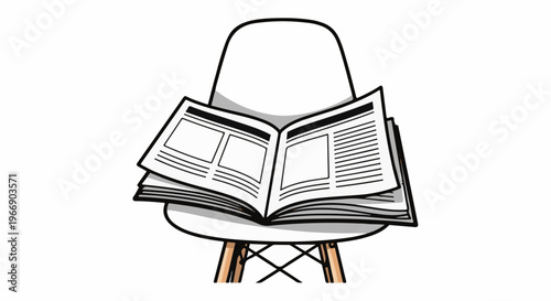 Open newspaper and stack of papers on a chair with wooden legs