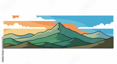 Stylized mountain range with layered hills under a colorful sky