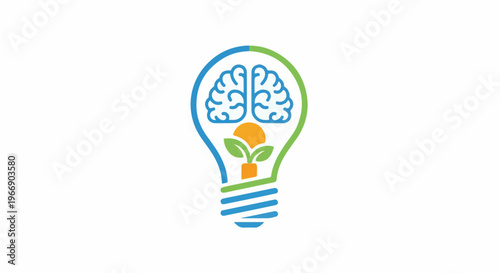 Lightbulb with brain and plant symbolizing ideas and growth
