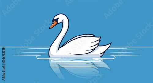 Elegant white swan glides serenely on calm blue water with reflection