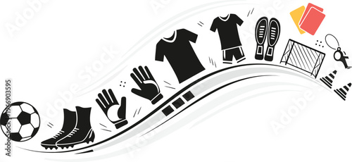Soccer equipment icons flowing wave with ball kit gloves cards cones 