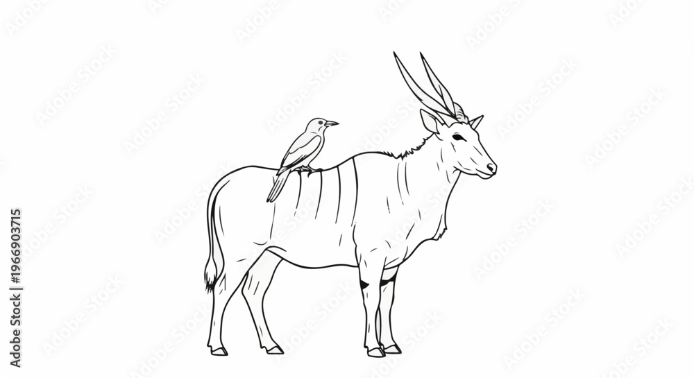 Fototapeta premium Line drawing of an antelope with a bird perched on its back