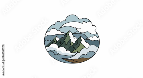 Stylized circular depiction of a mountainous landscape with clouds and a moon-like crescent