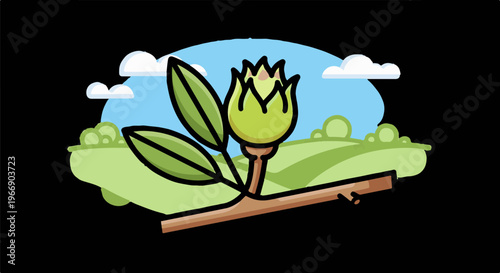 Green bud on branch with rolling hills and clouds