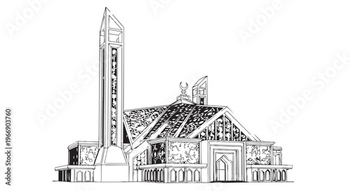Black and white, line art church, tower, and chapel vector illustration, minimalist architectural drawing