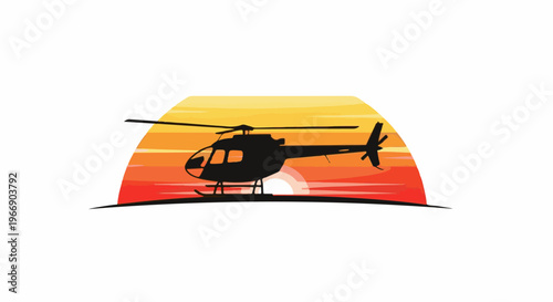 Helicopter silhouette against a vibrant sunset sky