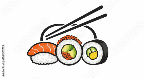 Illustration of salmon nigiri and two sushi rolls with chopsticks