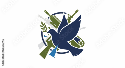Dark blue dove with olive branch and military objects