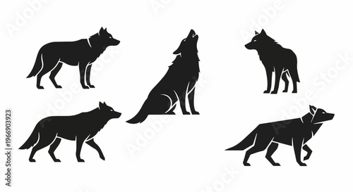 Stylized silhouettes of five wolves in various poses, including howling