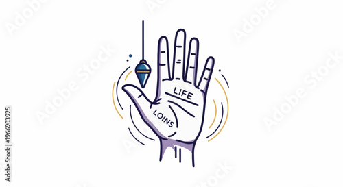 Stylized hand with plumb bob and palm lines for fortune telling