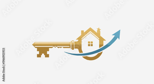 Golden house key symbol with upward blue arrow and graphic elements