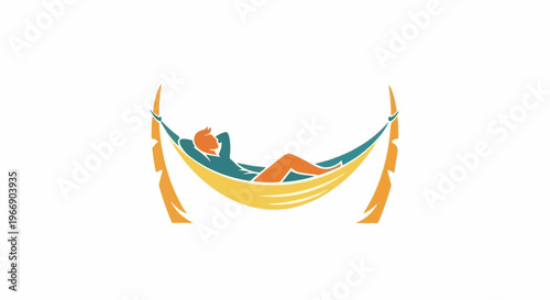 Stylized silhouette relaxes in a colorful hammock between stylized palm trees