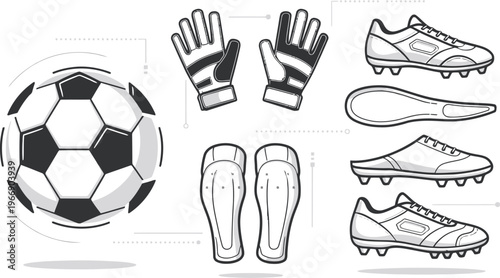 Soccer equipment set including ball gloves shoes and shin guards illustration 