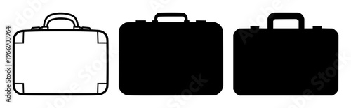 Office briefcase icon set with solid black silhouette on white background featuring business, travel, security with formality and professionalism