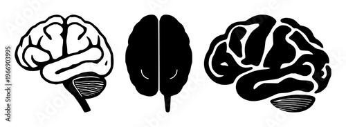 Brain learning icon set with solid black design on white background featuring brain, education, knowledge with memory and growth